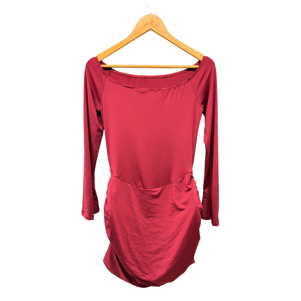 Micas Off Shoulder Ruched Bodycon Mini Dress Womens L Burgundy Red Party NWT